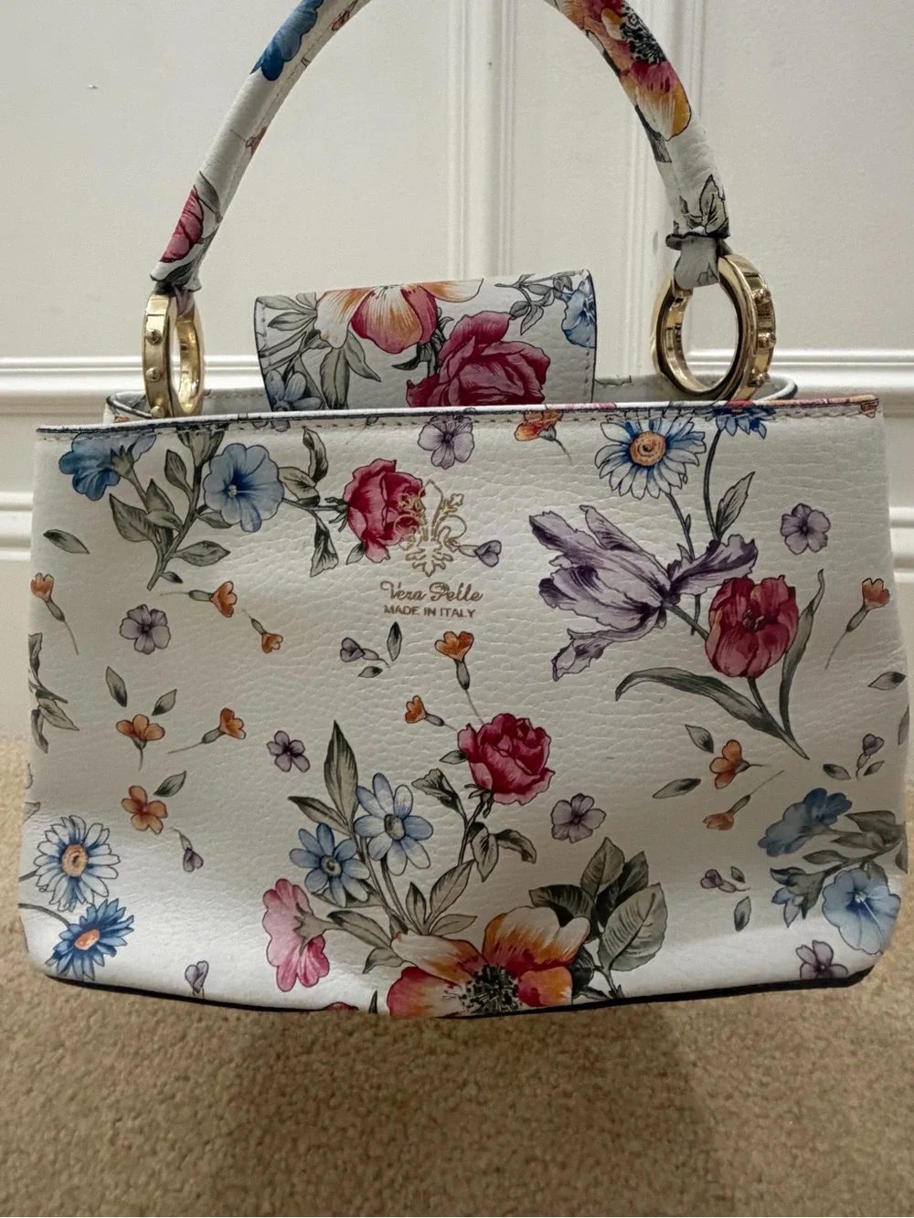 Vera Pelle Made in Italy Floral Leather Top Handle Handbag White Botanical Purse